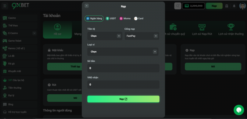 Giao diện nạp tiền qua ngân hàng 9xbet