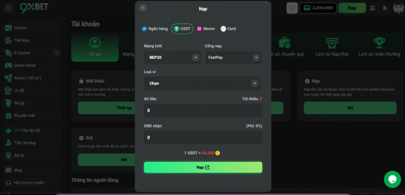 Giao diện nạp tiền qua USDT 9xbet